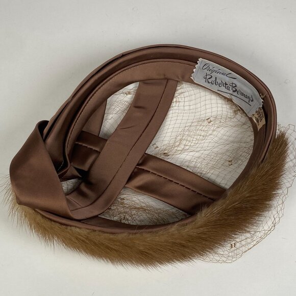 Vintage Roberta Bernays Brown Fur Satin Fascinator Hat Birdcage Veil Made USA